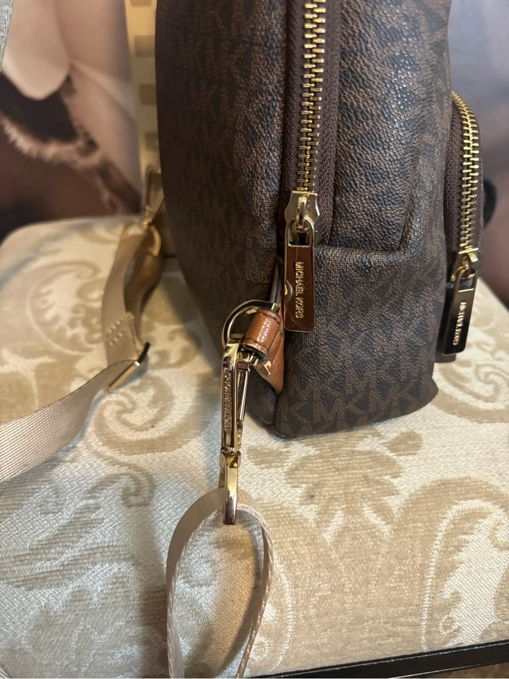 Michael Kors Brown Logo Print 'Route MK 1981' Mini Backpack